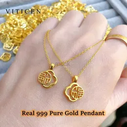 Pendanthalsband Viticen Real 999 Gold Authentic 24k Four-Leaf Clover Fu Pendant Necklace Fashion Present Utsökt gåva till kvinna Fina smycken 240419