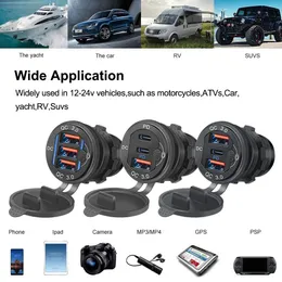 Ny 12V/24V USB -utlopp 78W 3 Ports Car Charger Socket Dual 30W PD Typ C 18W QC 3.0 med Switch för bilbil Motorcykel RV Marine