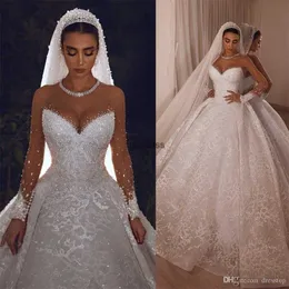 Arabic Vintage Wedding Dresses Crystals Sheer Long Sleeve Lace Beaded Ball Gown vestido de novia Bridal Dress