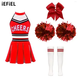 Clothing Sets Kids Girls Cheerleading Outfits Halter Neck Mesh Letter Print Crop Top With Skirt Bowknot Headwear Hand Flowers Striped Socks