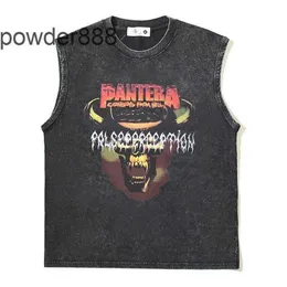 2024 Antique Skull Bull Head Letter Printed Sleeveless T-shirt Washed Old High Street Tank Top