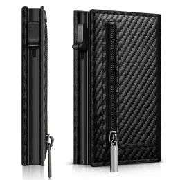 Brieftaschen Herren Brieftaschenkartenhalter: Pop -Up Aluminiumgehäuse, Kohlefaserleder, RFID -Blockierung, schlank, minimalistzipper auf der Rückseite (schwarz)