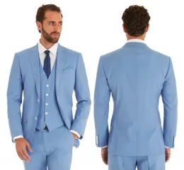 턱시도 2020 스카이 블루 웨딩 슈트 슬림 한 신랑을위한 슬림 한 신랑 턱시도 3 조각 신랑 수복 공식 비즈니스 재킷 (재킷+바지+조끼)