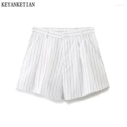 Kadın Şortları Keyanketian 2024 Çizgili Moda Lanıma Çıkarılmış Moda Sıradan Zip-Up Yüksek Beled Cepleri Geniş Bacak Pantolon