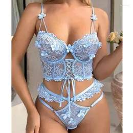 Bras Set Fashion 2024 Black and Sky Blue Brap Lingerie Set Set кружевное бюстгальтер 2-часовых сексуальных бусин 3D-цветок