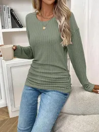 Women's T Shirts 2024 Pit Strip Shirred Crew Neck Long Sleeve Top Solid Color Knit Sweater Women My Body Choice Clothing Harajuku Y2k