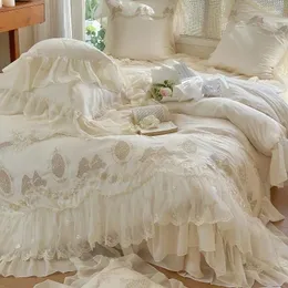 Bedding Sets Flowers Boest Bordado Ruffles Princesa Conjunto de Lyocell Fabric Soft Silky Duvet Capa de capa de capa de cama