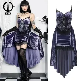 Casual Dresses Vintage Purple Velvet Lace Patchwork A Line Dress Women Sexig Crucifix Pendant Spaghetti Strap Corset Partywear Goth Lolita