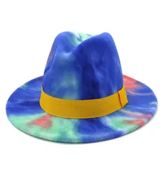 Fashion Flat Brim Jazz Hat Hat Hat New Arrival Trendy Lady Lady Colorful Tie Dye Panama Fedora Cappello Fedora Cappello con banda gialla3997163