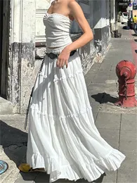 wsevypo Fairycore Elegant White Flowy Hem Long Skirt Elastic Waist Ruffle Lace Trim Flare ALine Skirts Retro Streetwear 240411