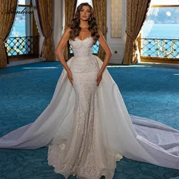 Spitzer Spitzenschatz 2 in 1 Meerjungfrau Hochzeitskleid mit abnehmbarem Zug ärmellose Luxusperlen Perlen Applikationen Trompete Brautkleider