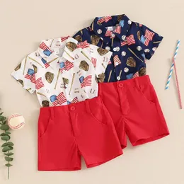 衣料品セット幼児の子供の男の子夏の独立記念日服ストライプスターフラッグプリント半袖ボタンシャツトップショーツ