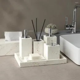 Set Bath Accessory Set Beige Travertine Badrum Ture Natural Marble Stone Soap Dispenser Tandborste Holder Tray Tissue Box Accessorie
