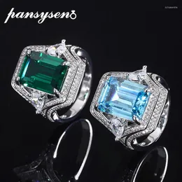 Cluster Rings PANSYSEN Vintage Silver 925 Jewelry 10x14mm Emerald Cut Aquamarine Ring 18K White Gold Plated Anniversary Women Gift