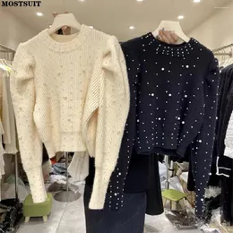 Women's Sweaters Pearl Beaded Stylish Elegant Knit Sweater Pullover Women 2024 Winter Puff Sleeve O-neck Korean Fashion Chic Ladies Jumpers