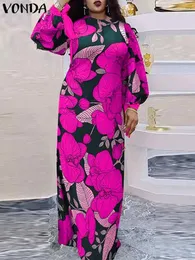 Sıradan Elbiseler Vonda 2024 Kadın Bohemian Vintage Sundress Maxi Vestidos Uzun Fener Sleeve Baskılı Kaftan Elbise Gevşek Bol Parti Çüb.