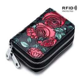 Bags Rfid Blocking Women Card Holder Split Leather Double Zipper Card Case Large Capacity 3d Flower Printed Lady Women Wallets Purse