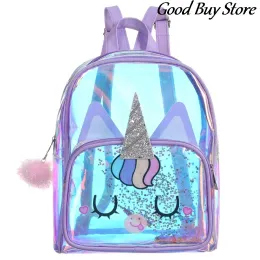Backpacks PU Transparent Unicorn Backpack Girls Sequin Fashion School Bookbag Princess Primary Schoolbags Children Kids Cartoon Backpacks