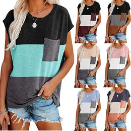 Летние футболки для женщин цветовой блок Scoop Neck Rower -рубашка с карманным топом