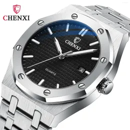 Armbandsur chenxi 8248 herrkvarts titta på silvrig luminös vattentät stål mode trend datum klocka montres homme zegarki reloj Hombre