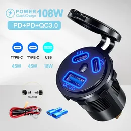 108W USB Car Charger Socket 3 Ports Dual 45W PD Type C & 18W QC3.0 Power Outlet Fast Charge for 12V/24V Boat Sedan RV Motorcycle