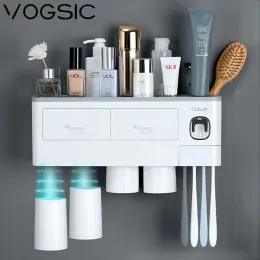 Holders Toothbrush Holders VOGSIC 1/2/3/4/5 Cups Toothbrush Holder Storage Rack With Drawer Toothpaste Squeezer Organizer For Home Bathroo