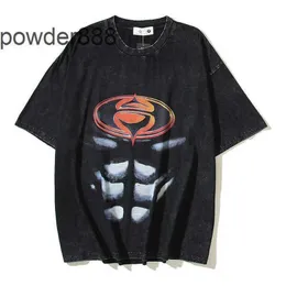 24SS Side Goddess Washed Old Half Sleeve American Muscle Superman Short T-shirt Summer Mens and Womens Trendy Shirt