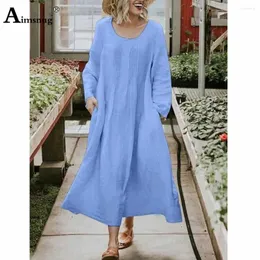 Casual Dresses Women Long Sleeve Beach Dress 2024 Summer Pleated Maxi Plus Size 4xl 5xl Ladies Vintage Stand Pockets
