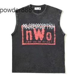 2024 High Street Trendy Letter Printed Washed Old Kan Shoulder Wide Songpunk Sleeveless T-shirt Tank Top