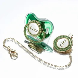 Pacifiers# MIYOCAR Lovely bling Custom baby pacifiers and clips/holder kit with name Adorned with Elegant Green Rhinestones for boy girlL2403