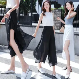 Frauenhose kalb-länge Frauen Sommer atmungsaktives Weitbein Harajuku Seitenschicht dünne leichte weiche koreanische Art losen elegantem All-Match