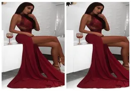 Sexy Burgundy Mermaid Prom Kleider Lang 2018 Spitzen High Side Split Abendkleider Chiffon Formal Party Kleidung Robe de Soiree8285505