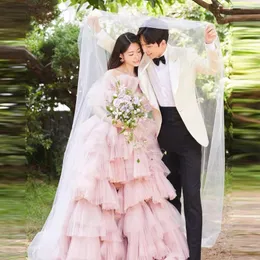 Festklänningar xijun rosa tiered ruffles tyll kväll korea kvinnor ärmlös veck förstörde en linje prinsessor prom klänningar formell klänning 2024