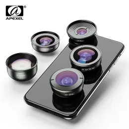 التلسكوبات APEXEL 5IN1 عدسة الهاتف المحمول مجموعة التصوير الفوتوغرافي HD FISHEYE Super Wide Angle 4K Macro Telescope Lens for Samsung iPhone