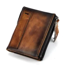 Carteiras Gagacia carteiras masculinas feitas com zíper duplo de zíper de couro retro para a bolsa masculina Genuine Leather Portefeuille Homme Coffee