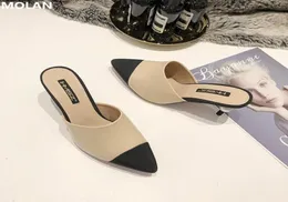 Molan varumärkesdesigner 2020 Summer Luxury Pearl Mix Color High Thin Heel Lady Pumps Leather Slip On Loafers Mules Flip Flops 35409168954