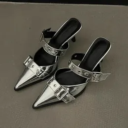 Punk Goth Metal Buckle High Heels Womens Sandals Summer 2024 Pointed Toe Silver Party Shoes Fashion Womens Pumps Shoes Tacones 240418