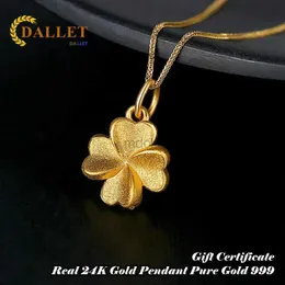 Подвесные ожерелья Dellet Real Gold 999 Clover Ожерелье 24K Gold Gold Day Gift Рождественский подарок женского ювелирного подвеска. Оригинальные украшения 240419