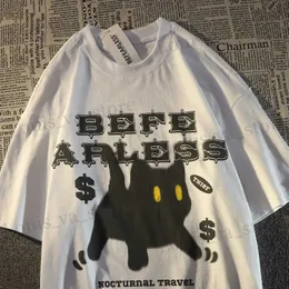 Męskie koszulki Kobiety Tshirt 2022 Summer Black Cat Printed krótko-slany T-shirt Mężczyźni NOWOŚĆ LUSKIE INS CARTOON SHIRT GOTH Ubranie Y2K TOP HARAJUU T240419