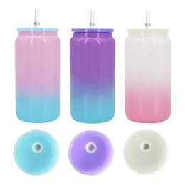 16oz sublimering skimmer glitter glas kopp regnbåge ombre tumbler holografiska juice burk dryck dricka öl kan koppar kaffemuggar med färgade plastlock sugrör