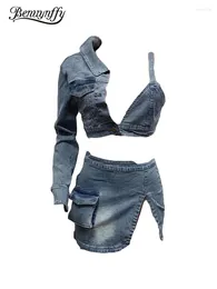 Arbeitskleider Benuynffy 2 Stück Set für Frauen 2024 Frühlings Sommer Sexy Langarmanbaus mit geteilten Denim -Miniröcken zwei Outfits