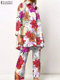Zanzea Frauenanzug Outfits bedruckt Langarmbluse Weitbein Hantel Mode übergroße Streetwear Loungewear Casual Hosen Sets 240415