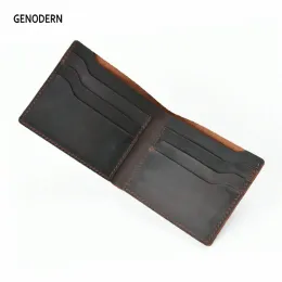 Wallets GENODERN Vintage Crazy Horse Leather Wallet For Men Bifold Male Purse Slim Men Wallets Retro Thin Cowhide Women Wallet Purse