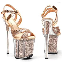 Vestido sapatos 20cm/8 polegadas brilhantes GLITTER PU Upper Electroplate Sandals High Heel Sandals Sexy Model Pólo dança 301