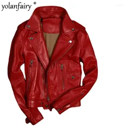 Women's Leather YOLANFAIRY Real Sheepskin Jacket Women Short Slim Motocycle Spring Autumn Jaqueta De Couro 1727 MF117