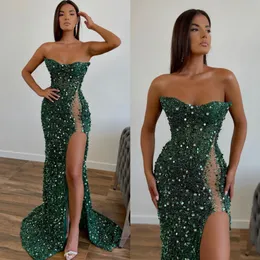 Emerald Green Mermaid Prom Dress Flecken trägerlose Pailletten Abendkleider elegante Oberschenkelkleider für besondere Anlässe