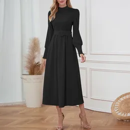 Vestidos casuais Cinturão vintage Party elegante para mulheres 2024 Moda Solid Meio Colar Slim Office Lady Midi Dress Vestidos