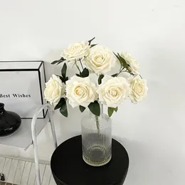 Decorative Flowers 43cm Simulated Flower Single 7-head Retro Rose Artificial Iron Wire Inner Lining Silk Fabric Material Floral Bouquet