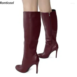 Boots Ronticool Women Winter Knee High Sexy Stiletto Heel Round Toe Bourgogne Casual Shoes Plus Size 35-52