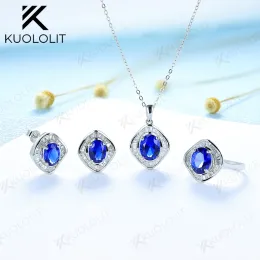 Set Kuololit Solid 925 Gioielli in argento sterling Set per donne zaffiro Ovani di collana ad anello di pietra gemma per il fidanzamento del matrimonio
